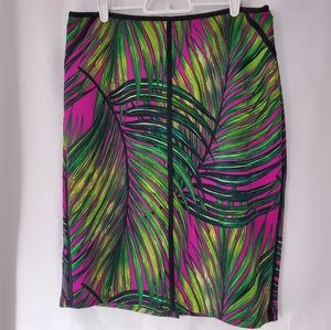 Womens Worthington Black Purple Leaf Stretch Skirt Back Slit Side Zipper Size L